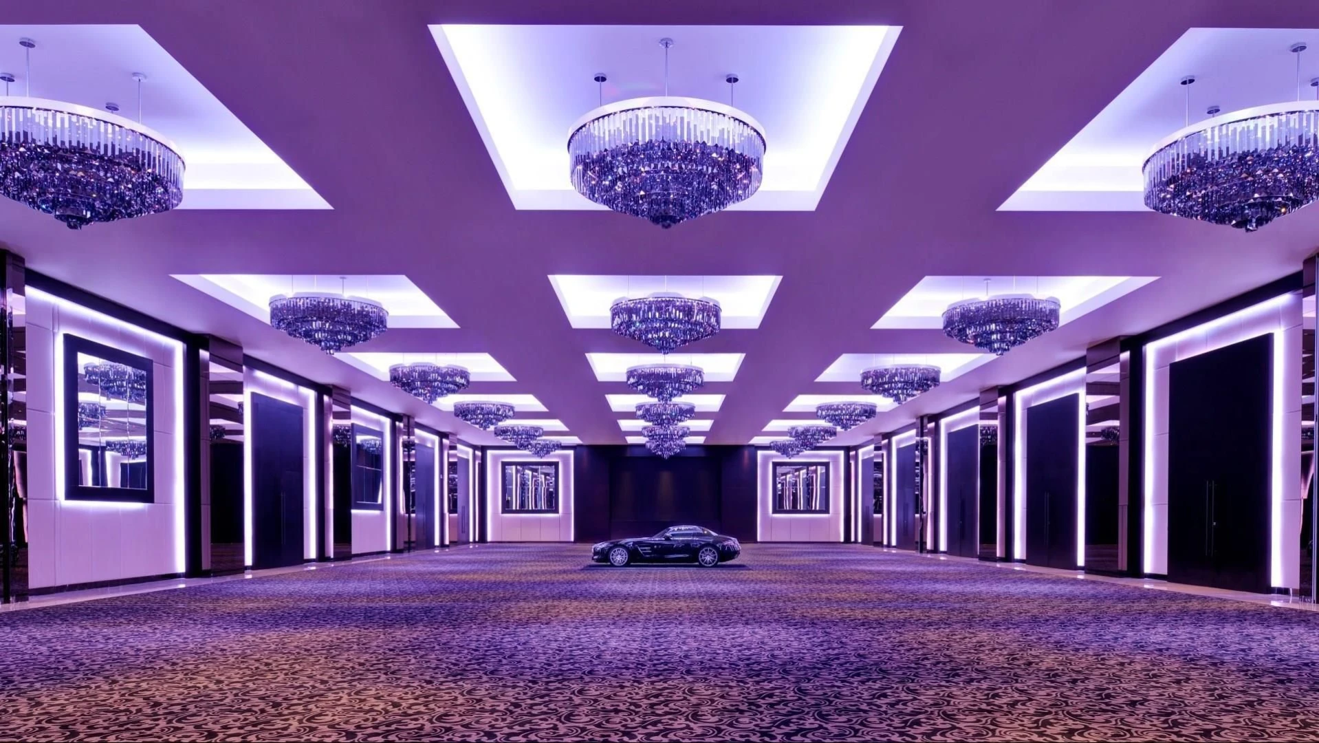 Elegant ballroom with chandeliers, JW Marriott Marquis Hotel Dubai.