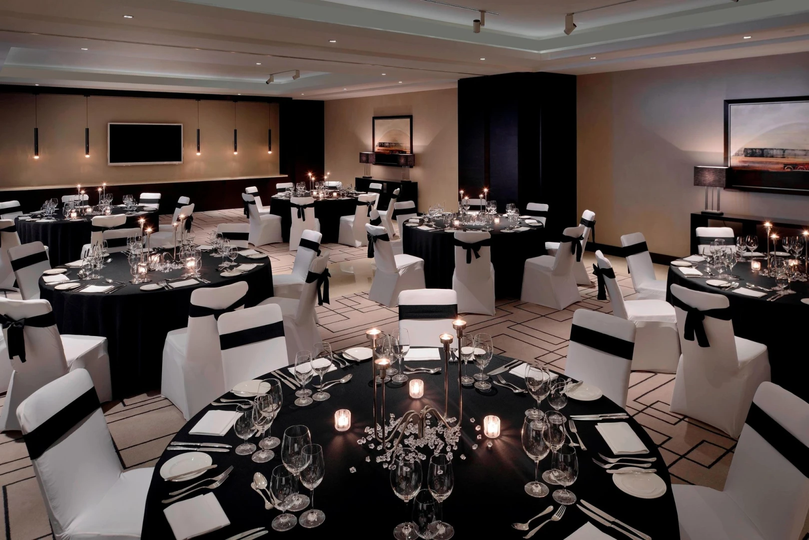 Elegant banquet setup at JW Marriott Marquis Hotel Dubai.