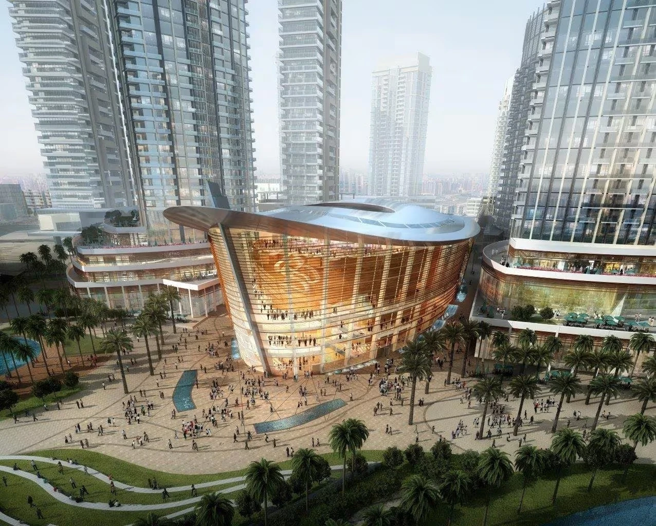 Dubai Opera surrounded by skyscrapers and palm trees, Dubai cityscape.