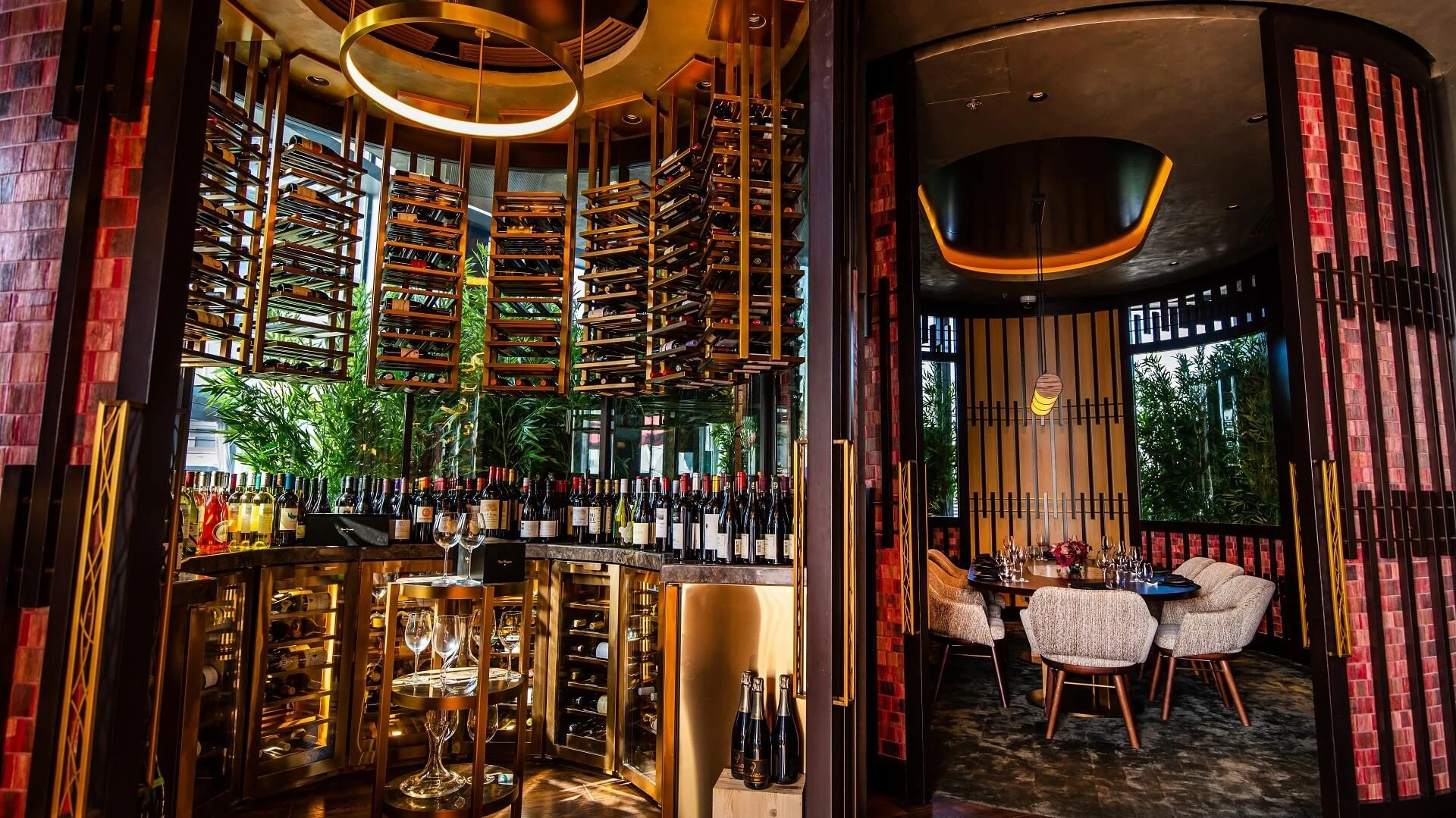 Luxurious wine display and dining area at CÉ LA VI Dubai.