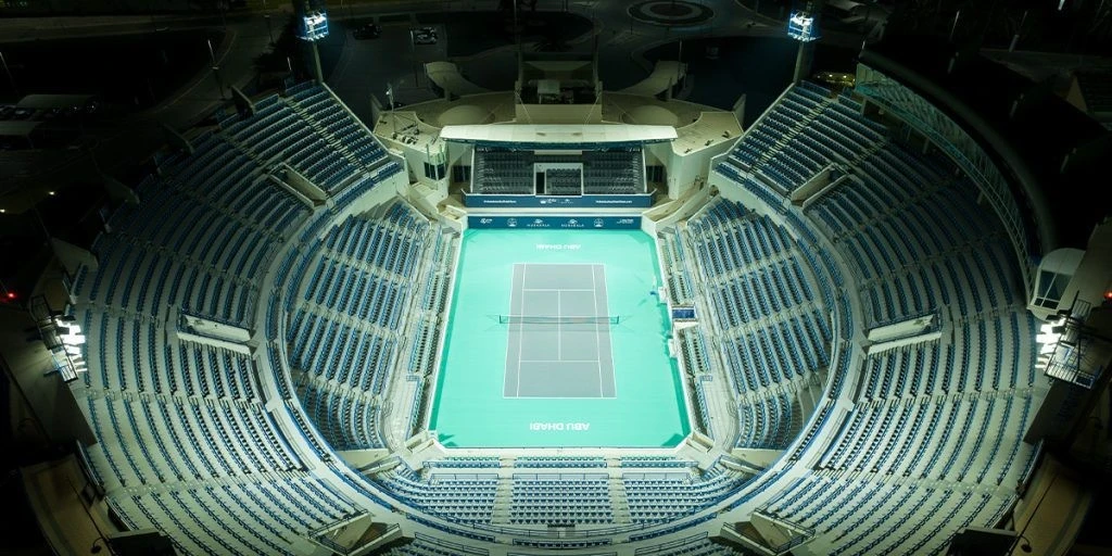 Aerial view of Zayed Sports City tennis stadium in Abu Dhabi.