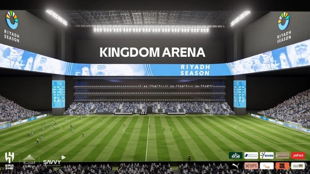 Kingdom Arena Riyadh during Riyadh Season event, illuminated stadium view.