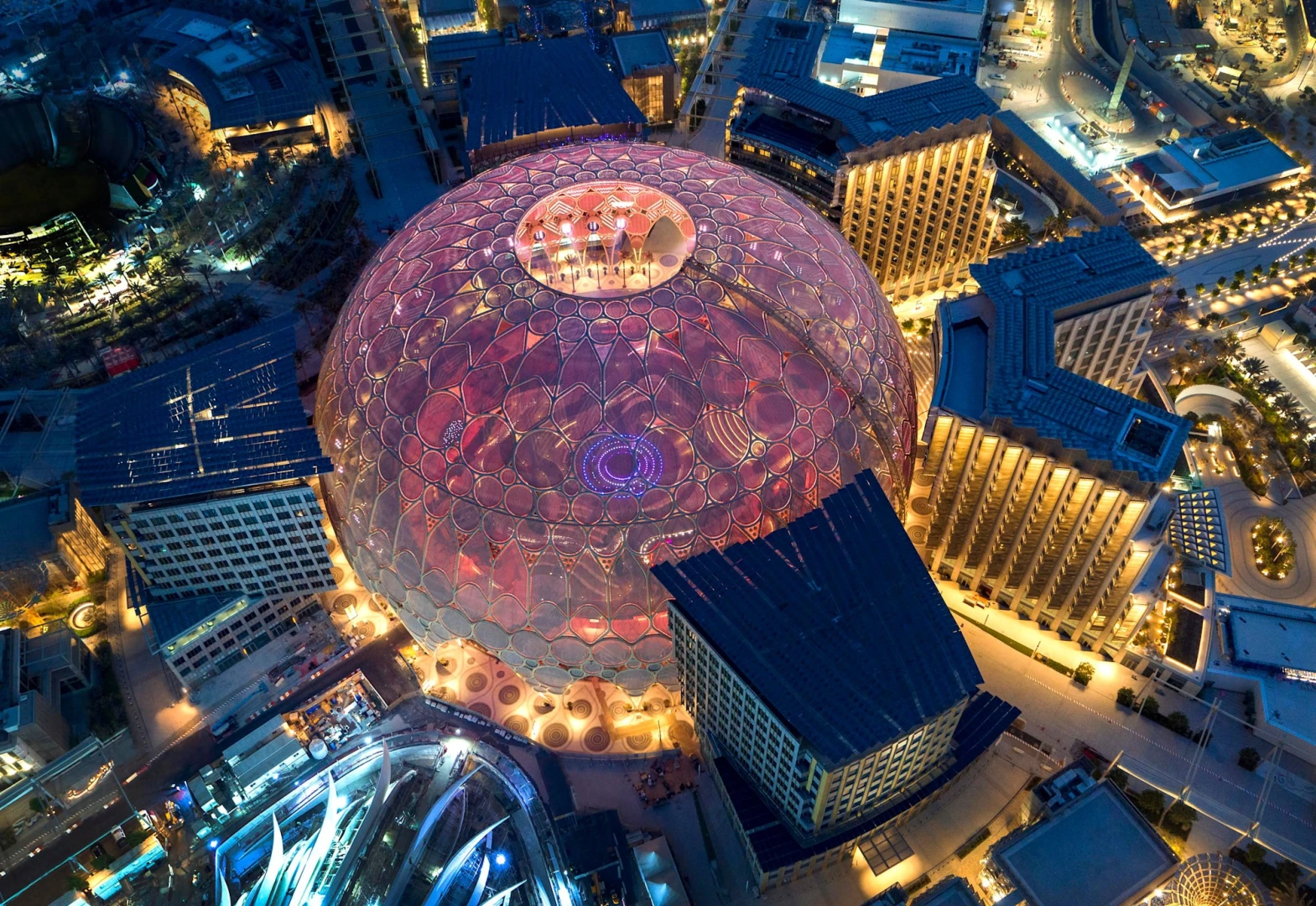 Aerial view of Al Wasl Plaza, Expo City Dubai at night.